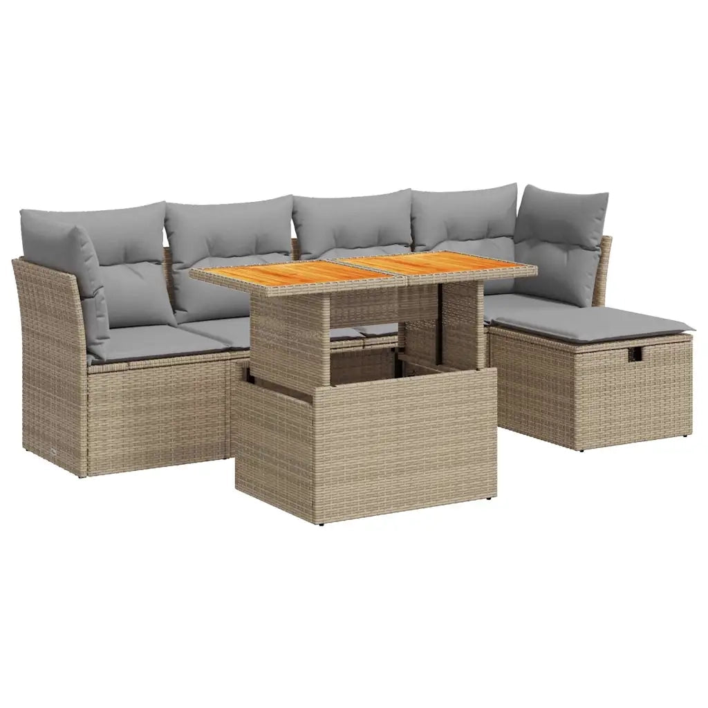 Set Divano da Giardino 6 pz con Cuscini Beige Polyrattan Acacia