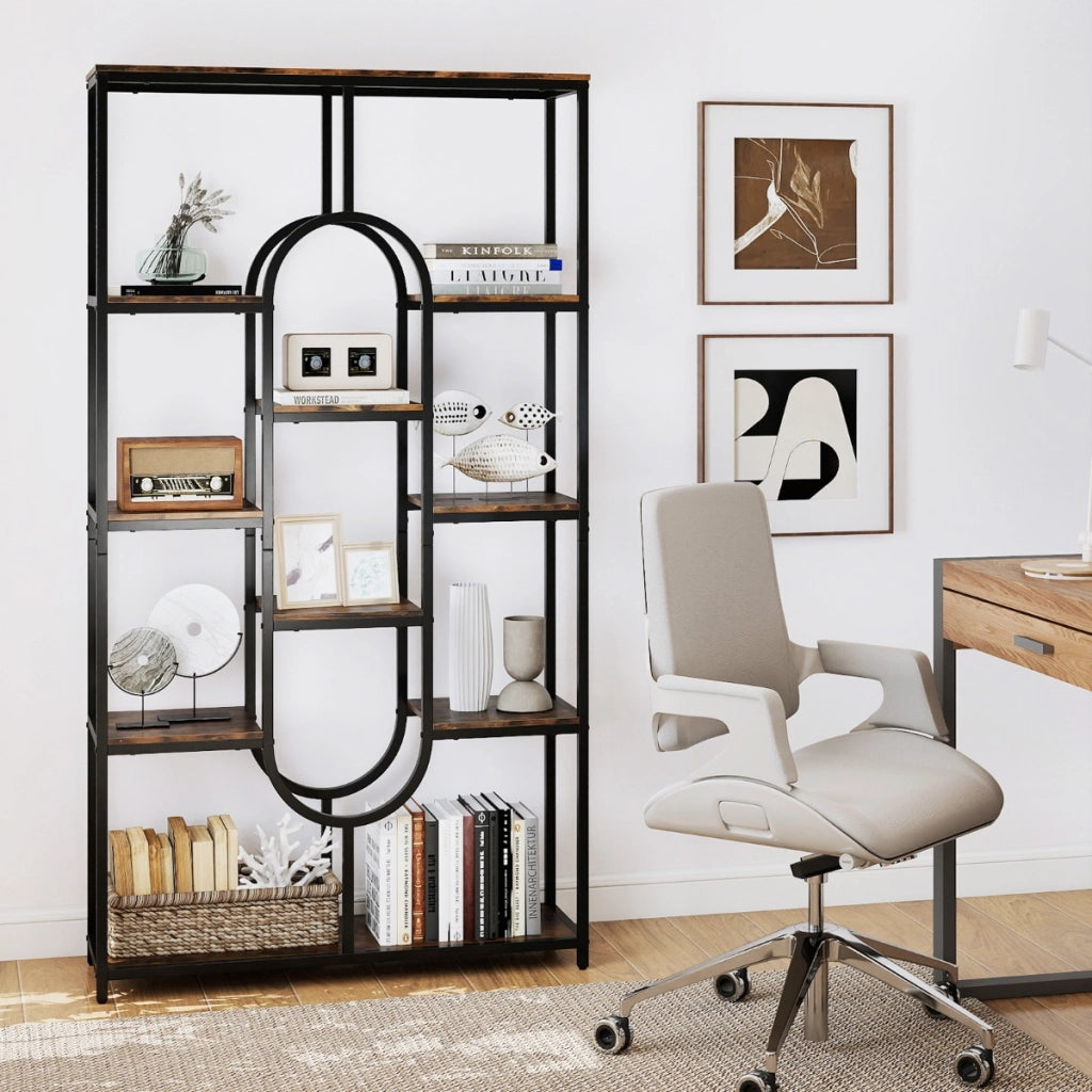 Libreria a 5 ripiani scaffale industriale etagere con ripiani aperti-Libreria scaffale alto autoportante a forma ovale Nero