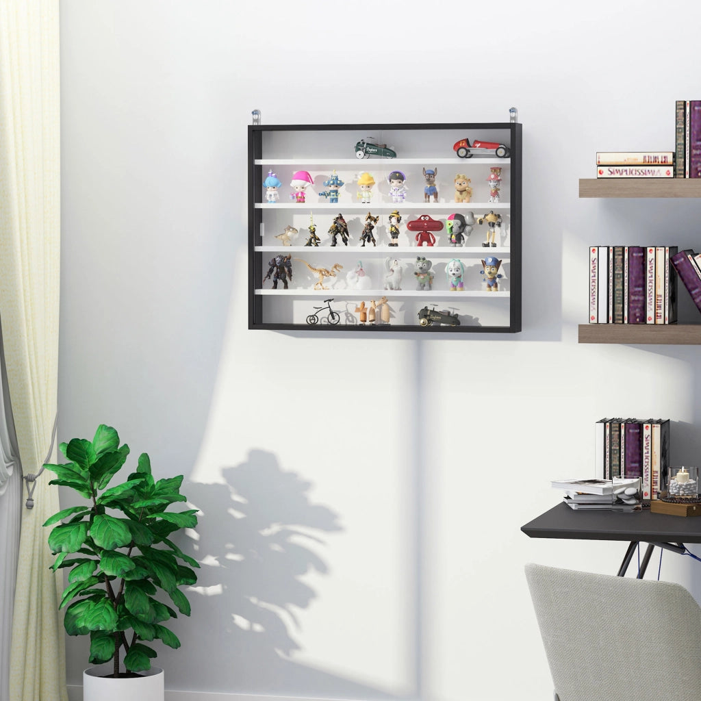 Vetrina per Collezione da Parete a 4 Ripiani Regolabili, in Vetro e Legno, 80x9.5x60 cm, Nero e Bianco
