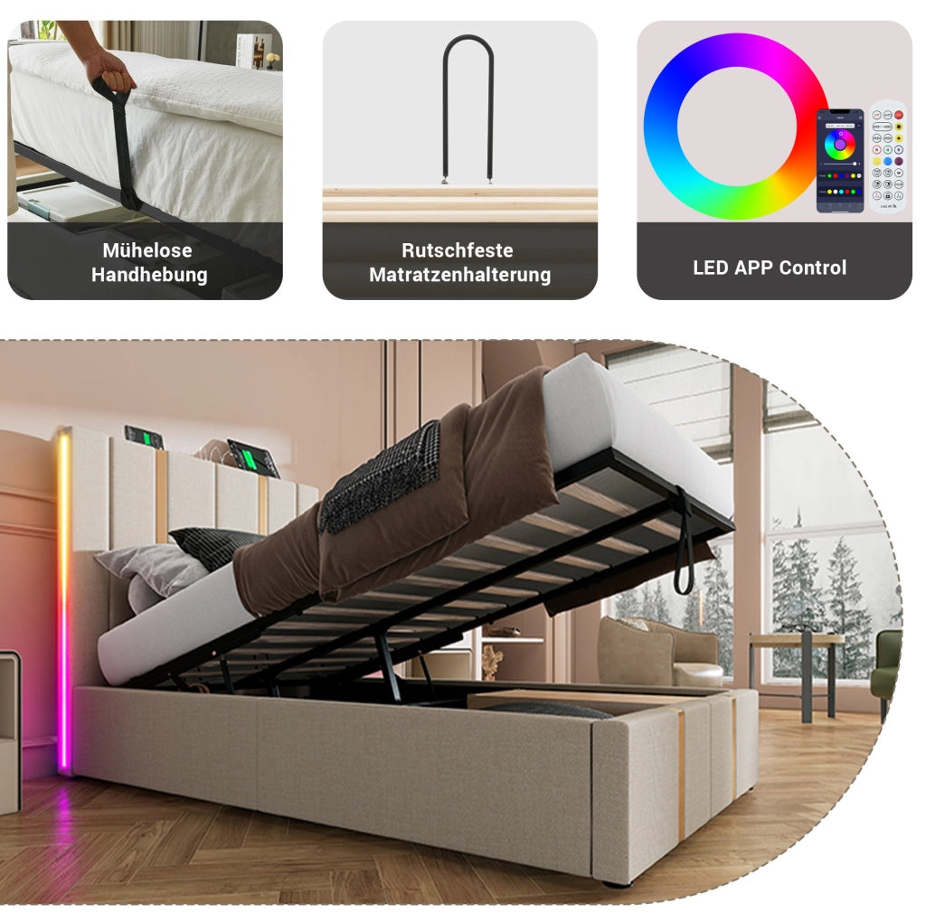Letto imbottito 90x200 cm beige in lino con LED RGB; USB Type-C e contenitore