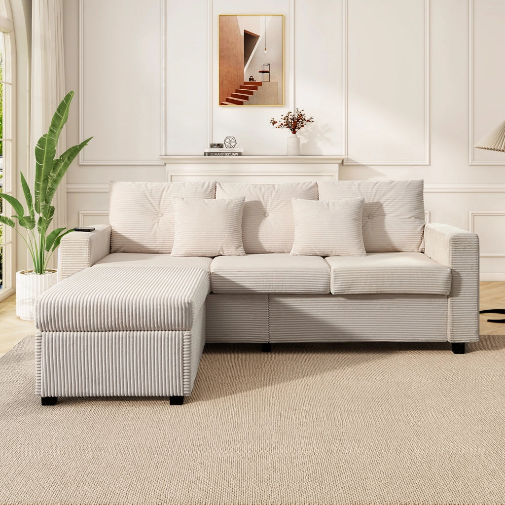 Divano angolare 3 posti con LED, contenitore e pouf convertibile in chaise longue, in velluto a coste beige