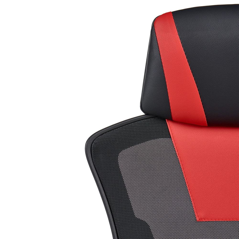 Sedia da ufficio in ecopelle nero e rosso, regolazione in altezza con pistone a gas, funzione di inclinazione, rotazione a 360°, schienale e braccioli regolabili