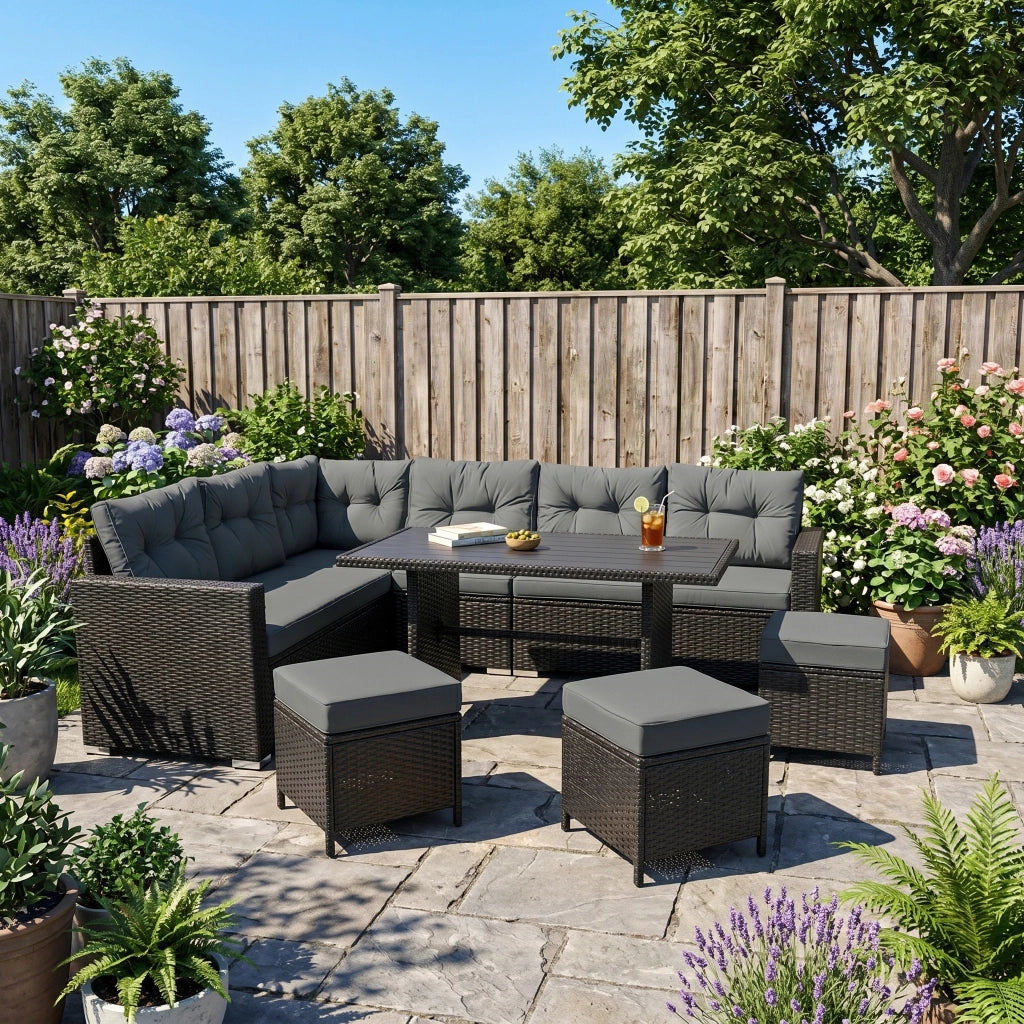 Set Angolare Rattan Giardino 9 Posti Nero Tavolo Cuscini Impermeabili