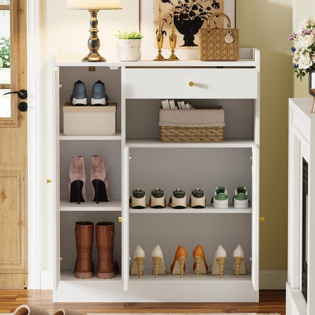 Mobili per l'ingresso, scarpiera in vimini, mobile contenitore, con cassetti, ripiani regolabili, bianco e color naturale