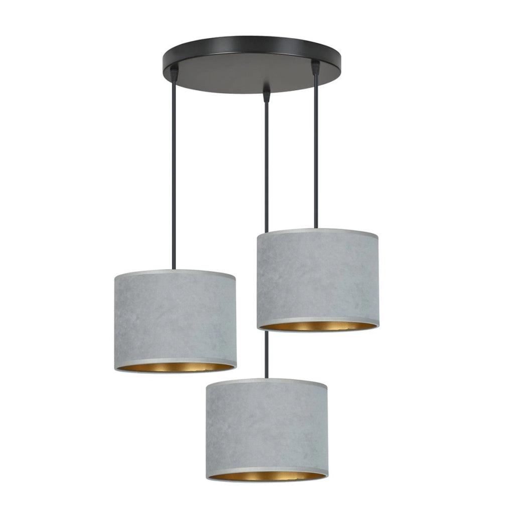 Lampada a sospensione Hilde in acciaio nero e velluto grigio