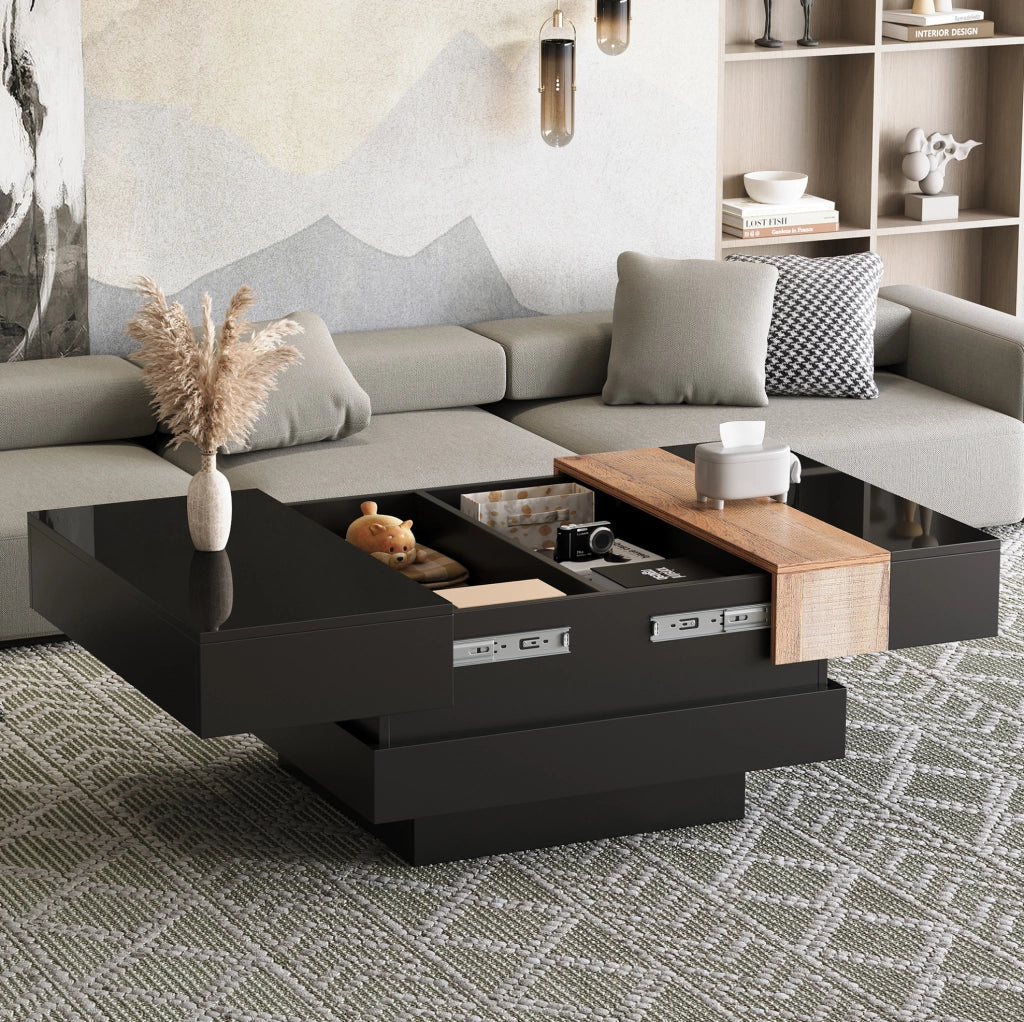 Tavolino da caffè quadrato 70 x 70 x 39 cm con piano estraibile e vano portaoggetti; nero in MDF