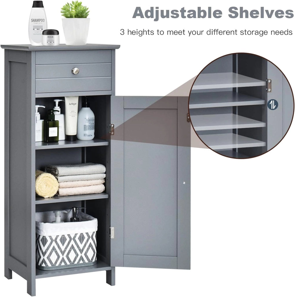 Armadietto Bagno da Terra, Mobiletto a 3 Ripiani con Anta, Cassetto, Manico, Spazio Interno Flessibile, Compatto e Salvaspazio, 35,5x30,5x88 cm, Bianco/Marrone/Grigio/Nero