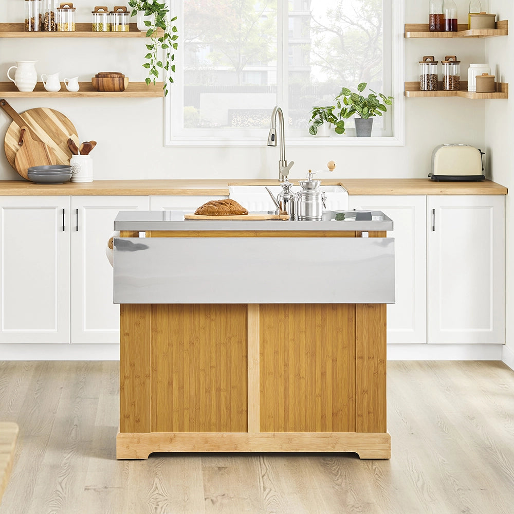 SoBuy Isola Cucina su Ruote con Piano di Lavoro Estendibile, Mobiletto Salvaspazio, Carrello da Cucina con Ruote, con Due Cassetti e Ripiano Regolabile Naturale 107x(46–71) x92,5 cm FKW130-N