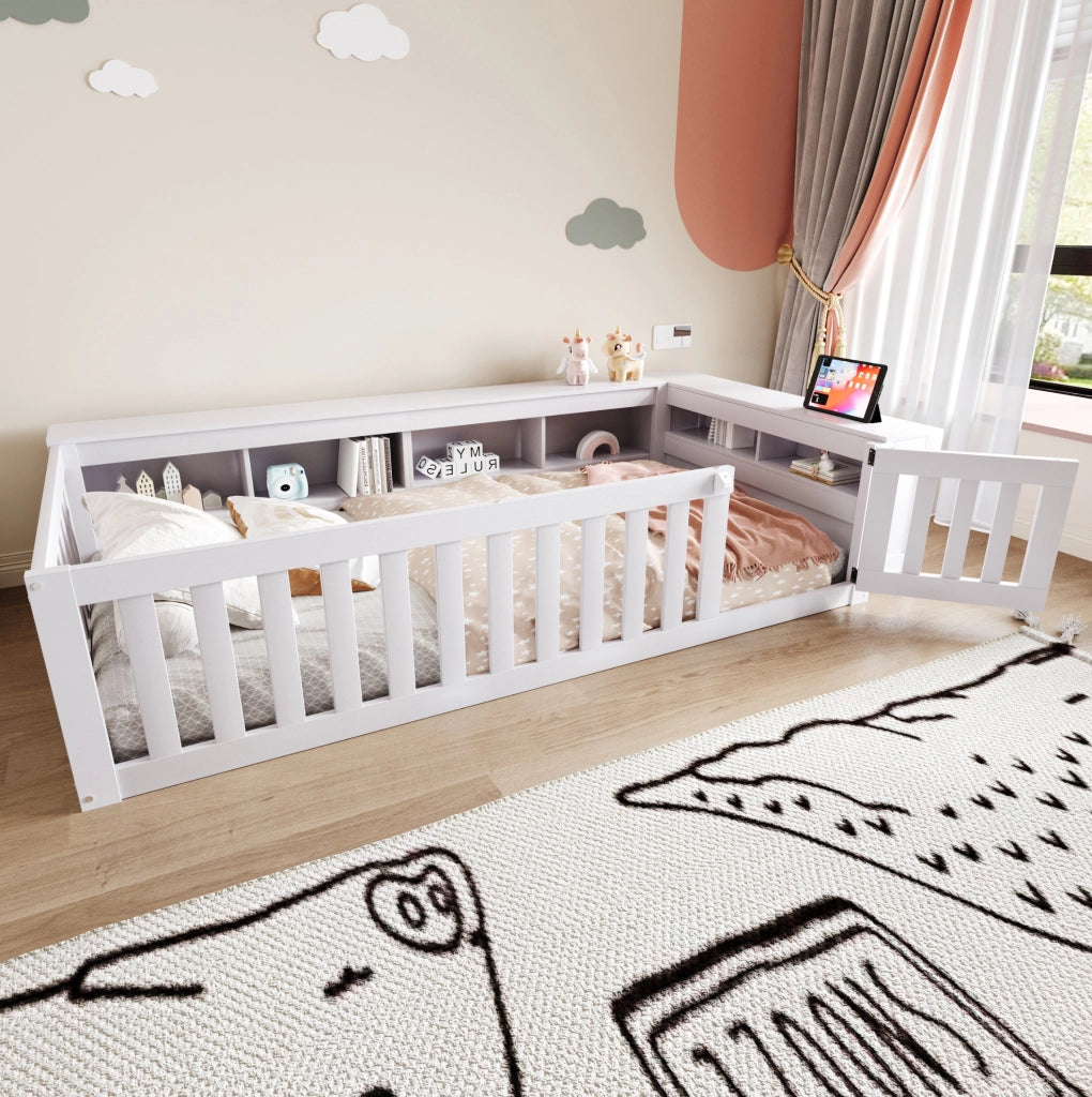 Letto per bambini 90x200 cm con contenitori e sponde di sicurezza; bianco