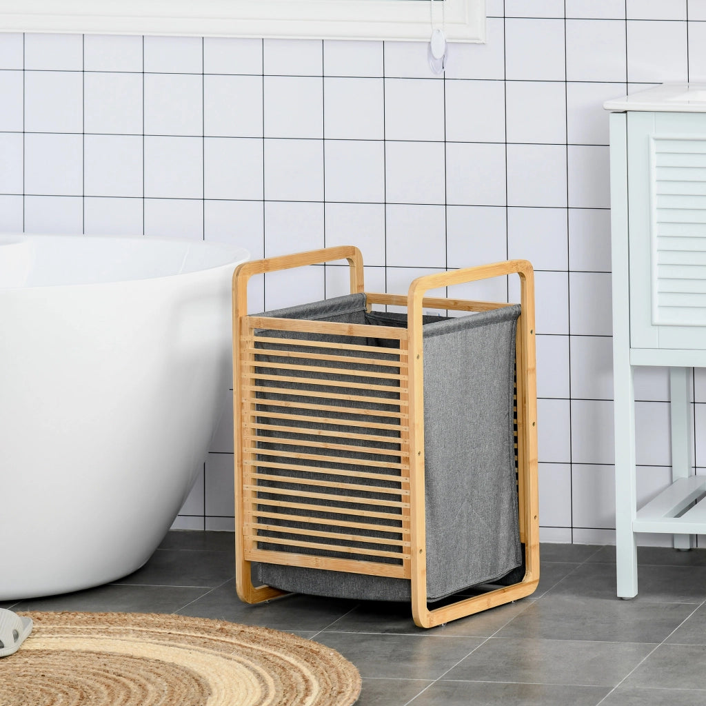 Cesto per bucato in bamb¨´ con tapa e sacchetto estraibile ¨C zephmum ¨C naturale e grigio 40x35.5x60.5 cm