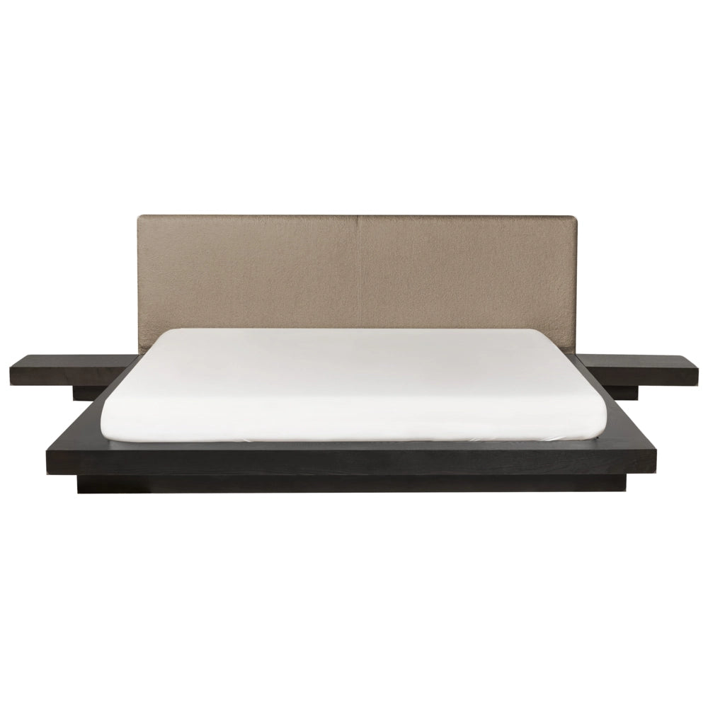 Letto matrimoniale ad acqua con testata e comodini in legno scuro bouclé tortora 180 x 200 cm stile giapponese