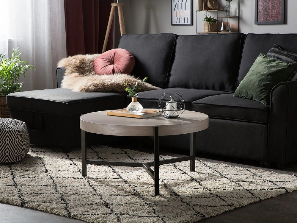 Tavolino da caffè Piano in legno tortora Gambe in metallo Nero 70 cm Rotondo moderno da salotto industriale