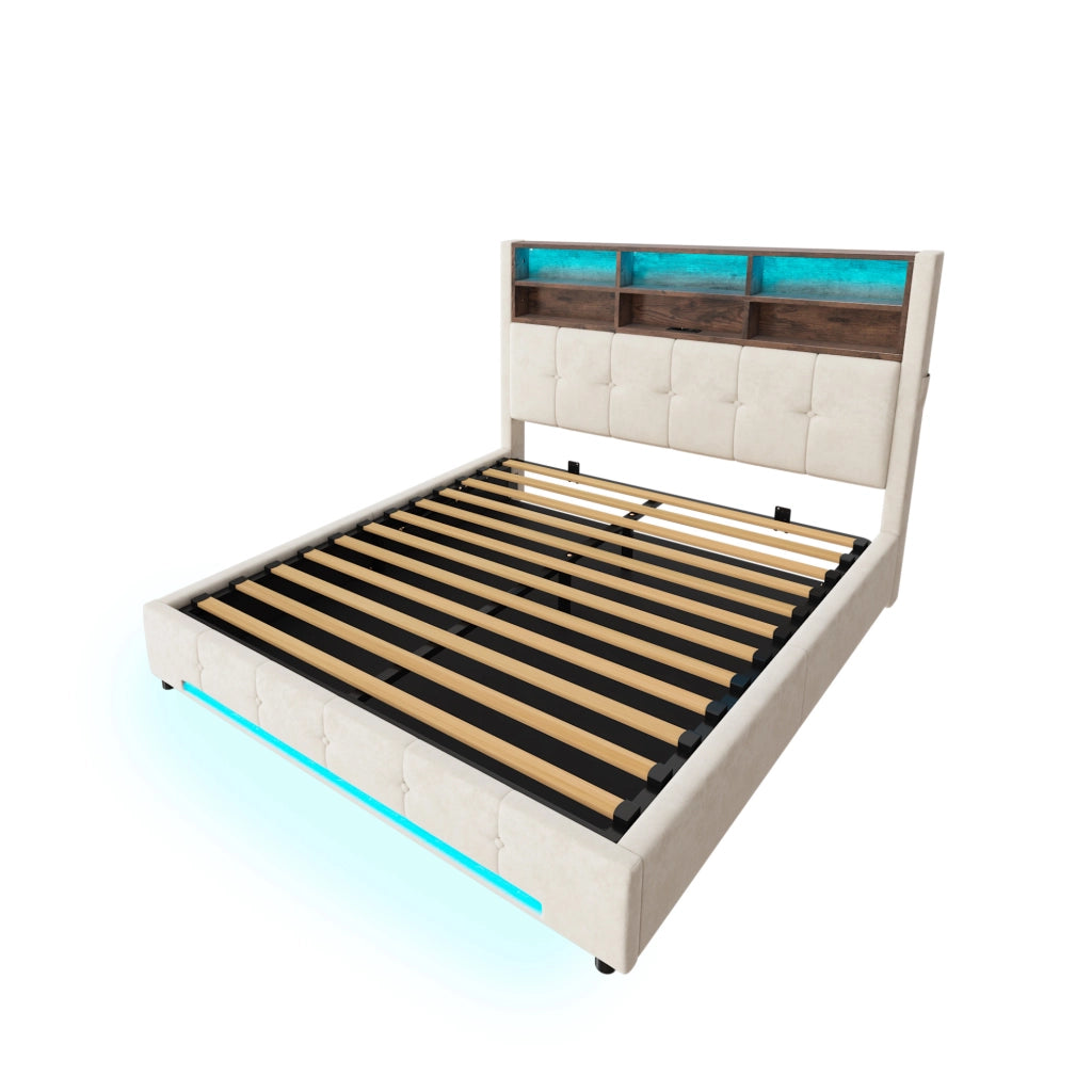 Letto 160x200 cm con contenitore; LED e USB-C in velluto beige