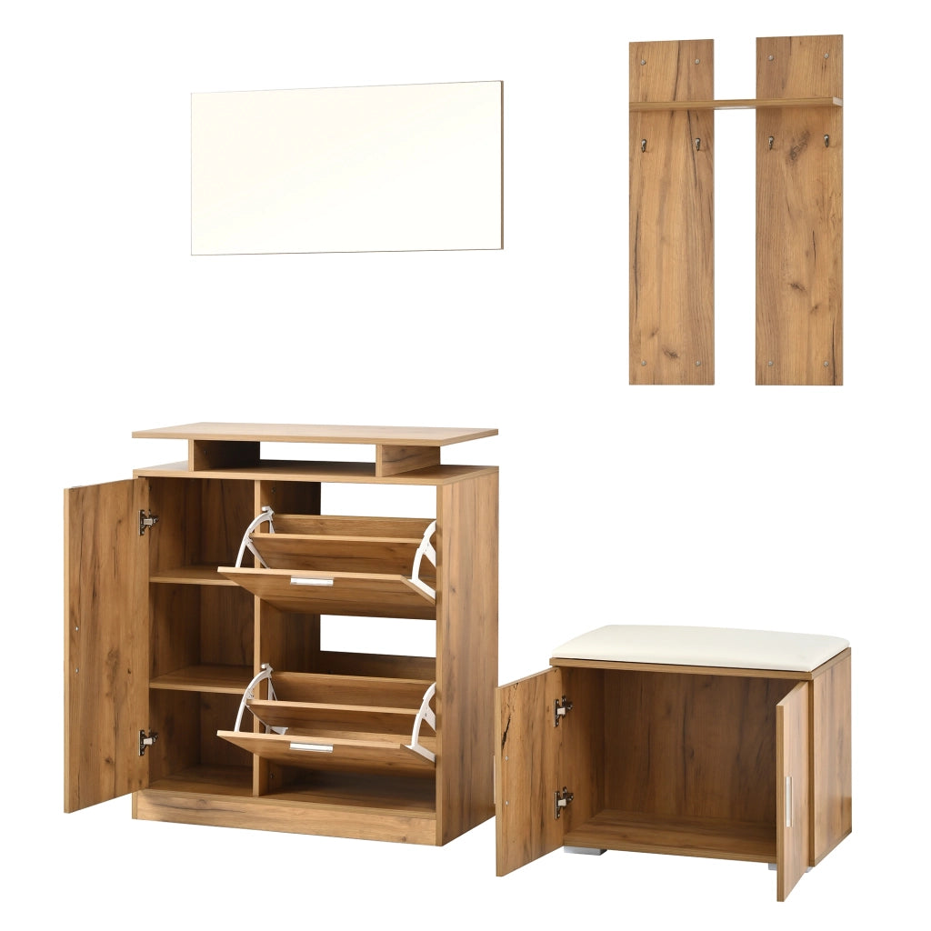 Set guardaroba da ingresso con panca, scarpiera, specchio e 4 ganci, finitura naturale, 140¡Á35¡Á133 cm