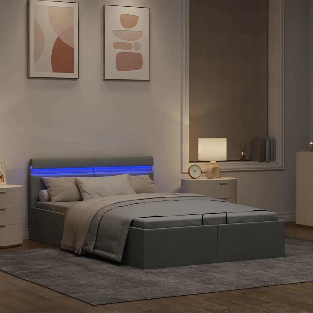 Giroletto con Contenitore e LED-Struttura Letto Grigio Chiaro Tessuto 140x200cm