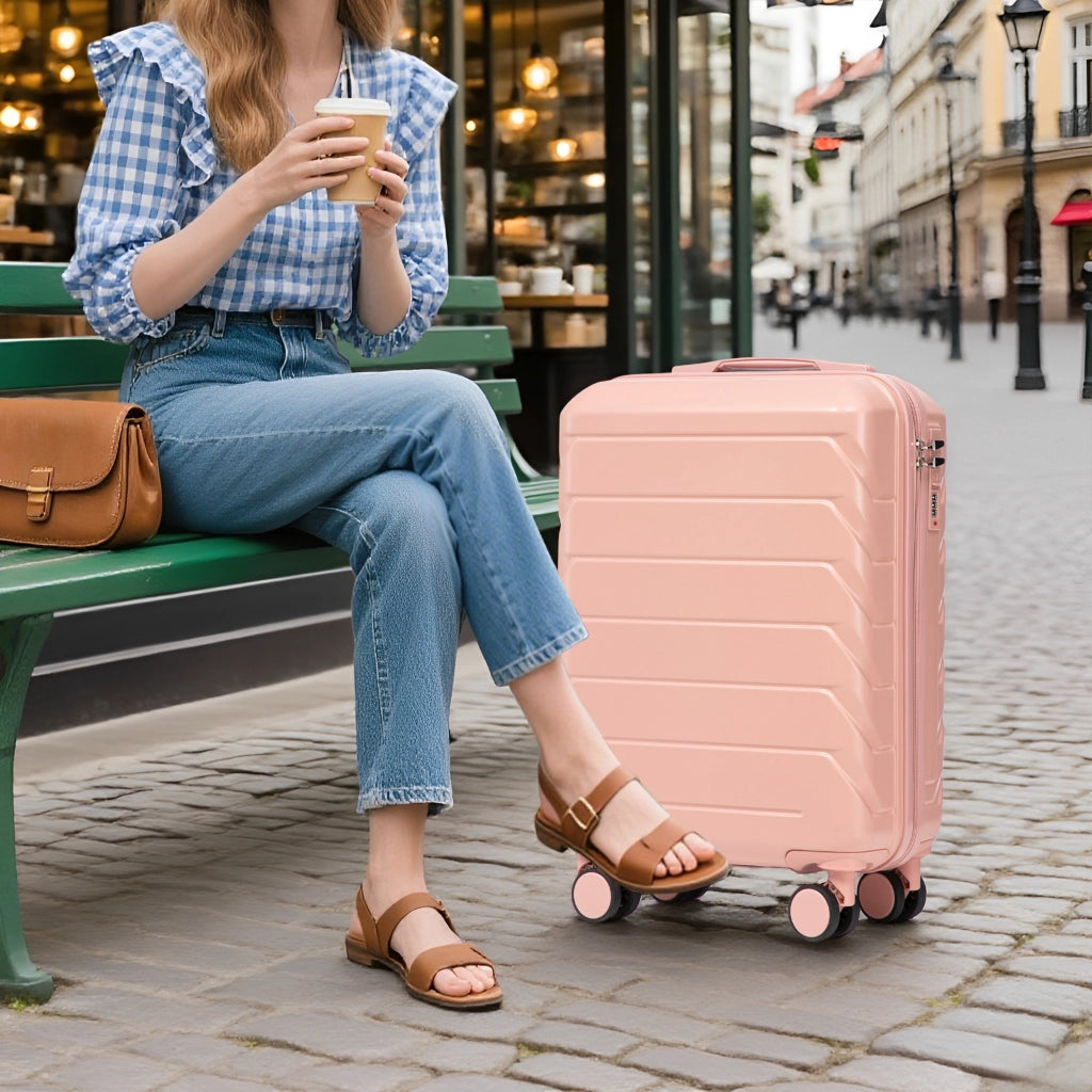 Carrello pieghevole 2 pezzi in ABS rigido con valigia 19 pollici e beauty case 14 pollici rosa