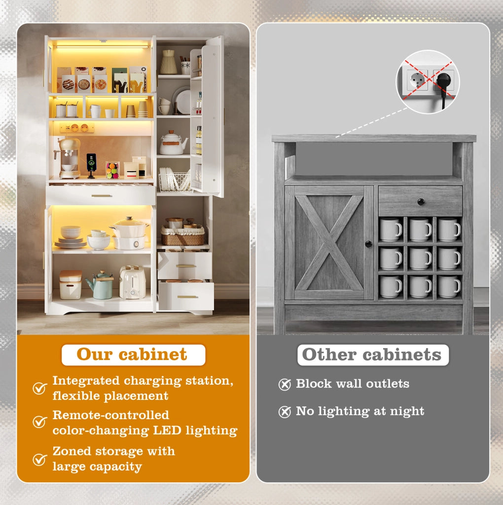 Mobile buffet ULEVR 105x40x185 cm con LED multicolore via app, prese e USB, vetrina in MDF bianco