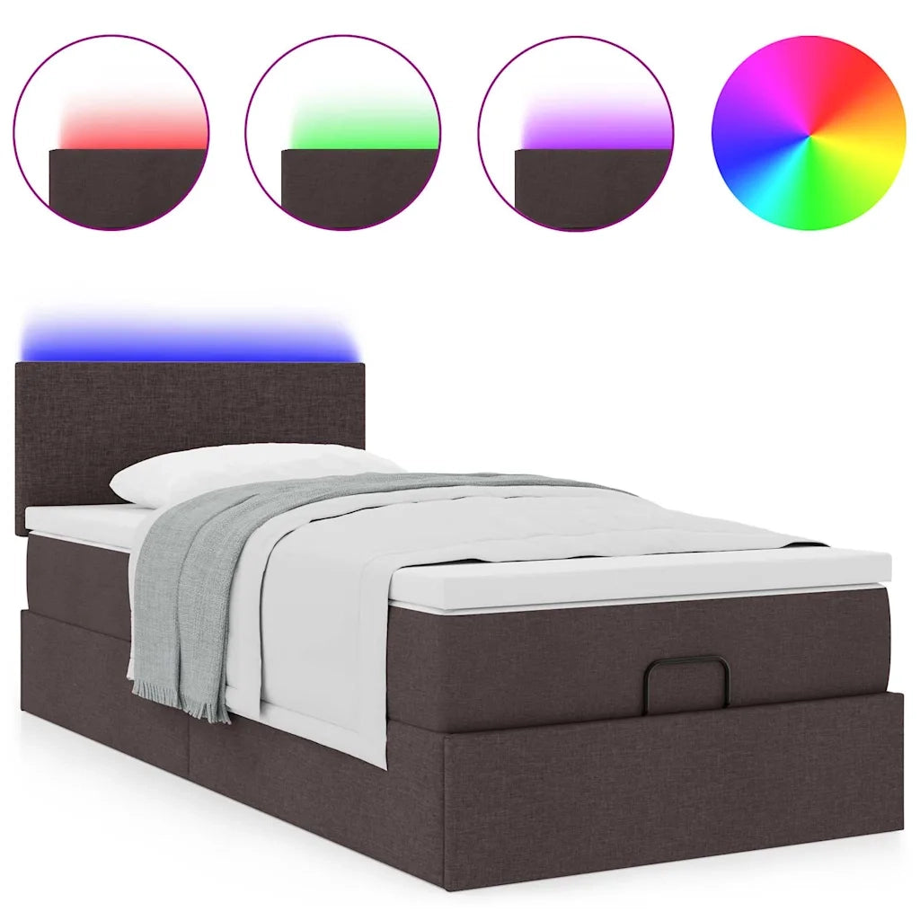 Pouf Letto con Materasso e LED Marrone Scuro 90x200 cm Tessuto 3312197