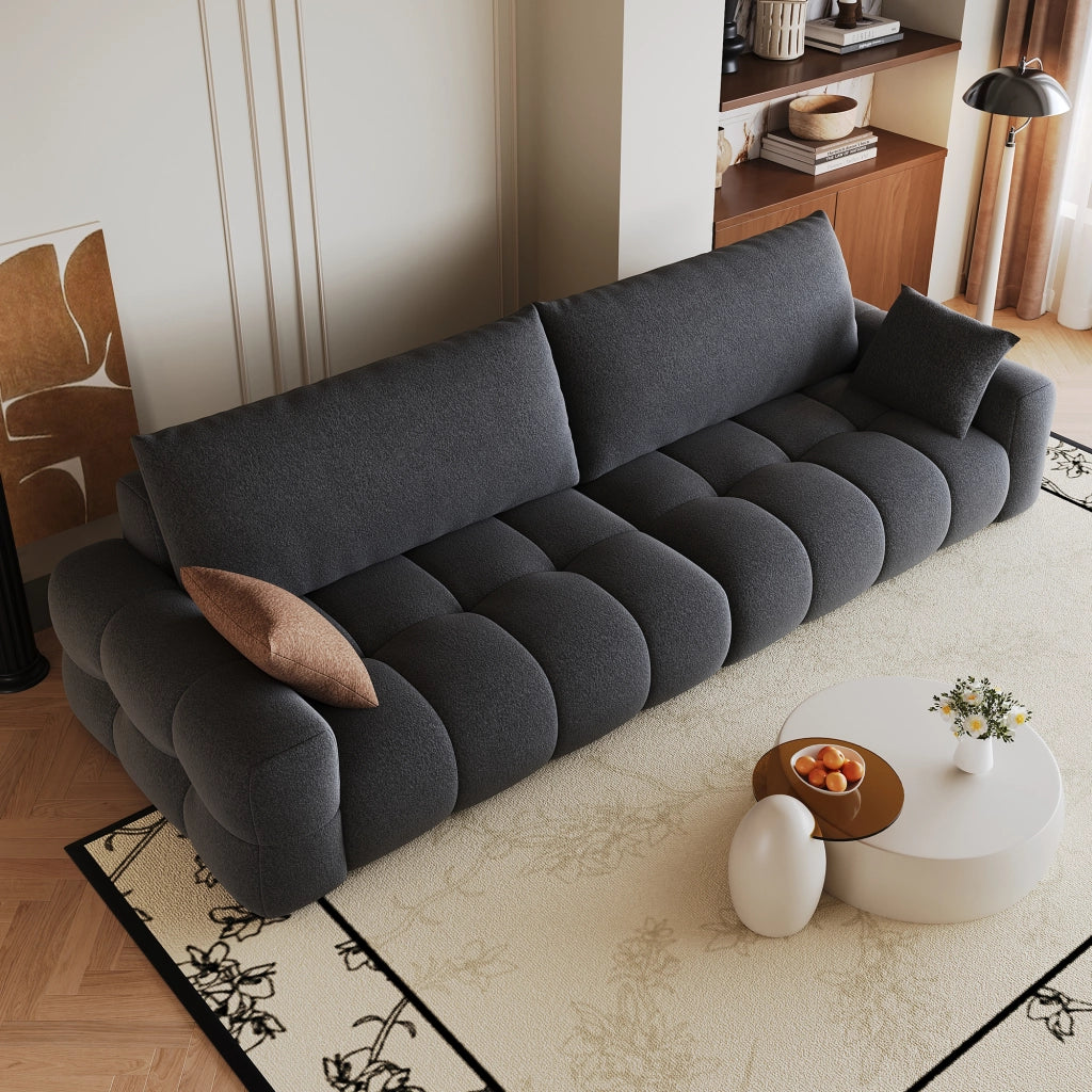 Divano modulare senza montaggio con chaise lounge e seduta profonda in tessuto grigio scuro per soggiorno