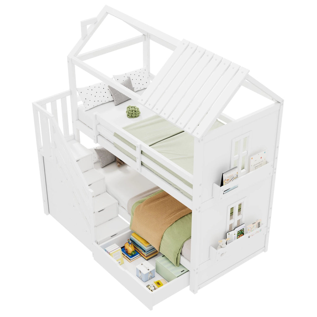 Letto a castello per bambini 90x200 cm con scala contenitore, cassetti e ripiani, senza materasso, bianco
