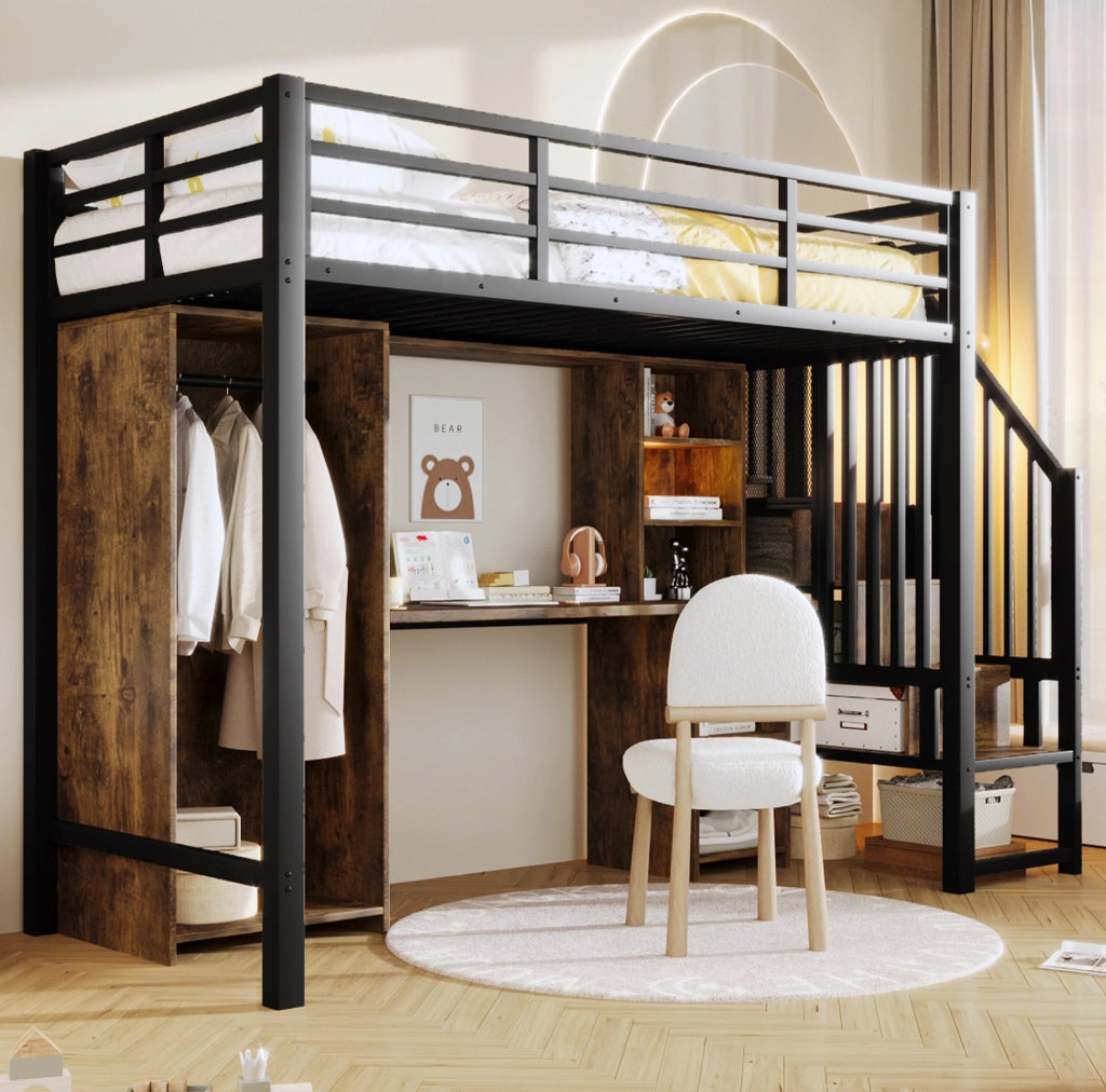 Letto a soppalco 90x200 cm con armadio e scrivania nero