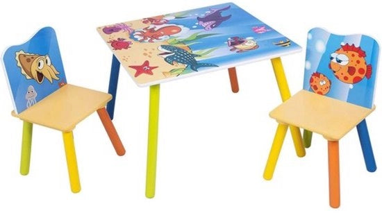 Casa dei bambini con 2 sedie - mobile in legno resistente per bambini - motivo di animali marini divertente - ideale per bambini in età prescolare e piccoli alunni - design colorato