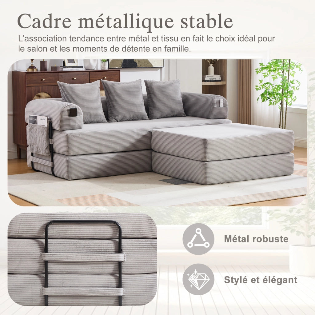 Divano modulare con tasca laterale e 3 cuscini, struttura in metallo per salotto in tessuto corduroy grigio chiaro