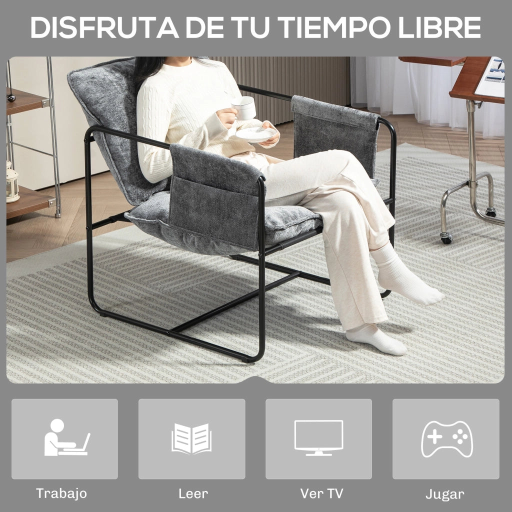 Poltrona Relax Moderna ¨C Xylo ¨C Tessuto Chenilla Grigio con Braccioli e Tasche 68x76x81 cm