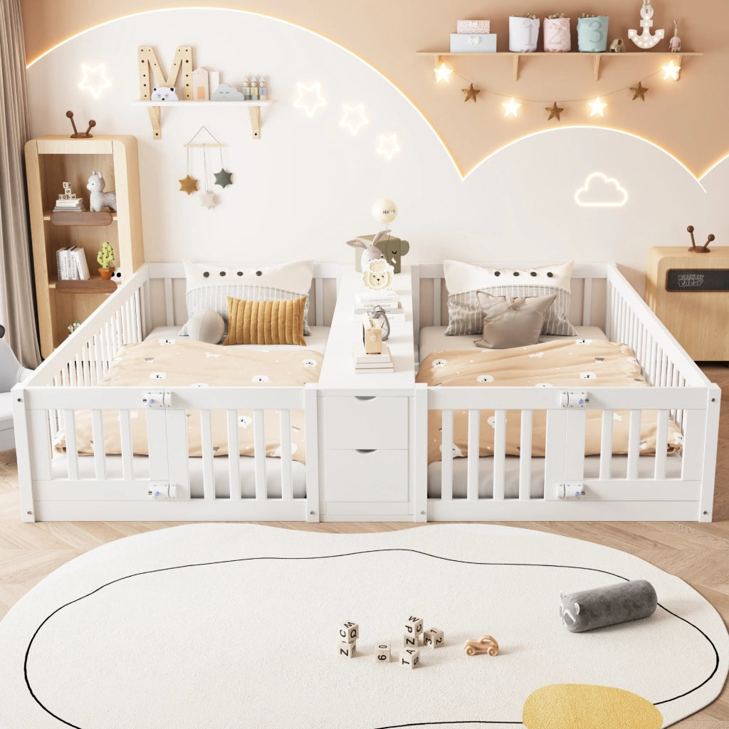 LETTO Doppio 90x200 cm in legno bianco con scaffale e 2 cassetti