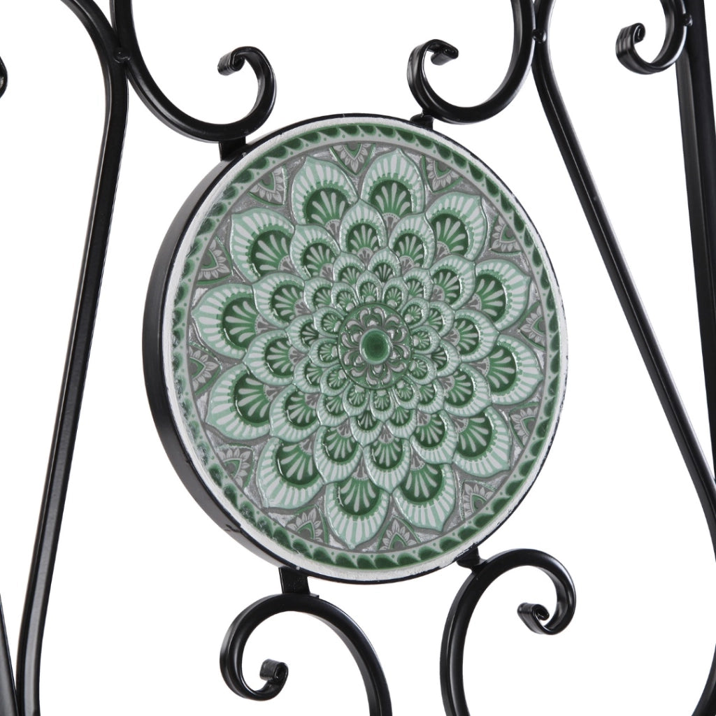 Set tavolo e 2 sedie Mandala verde metallo smaltato e ceramica a mosaico 60cm
