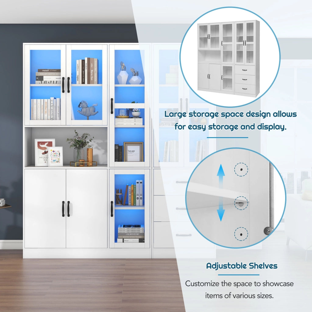 Vetrina con LED, 8 ante e 3 cassetti per soggiorno e sala da pranzo, in truciolare, bianco, 180 × 40 × 200 cm