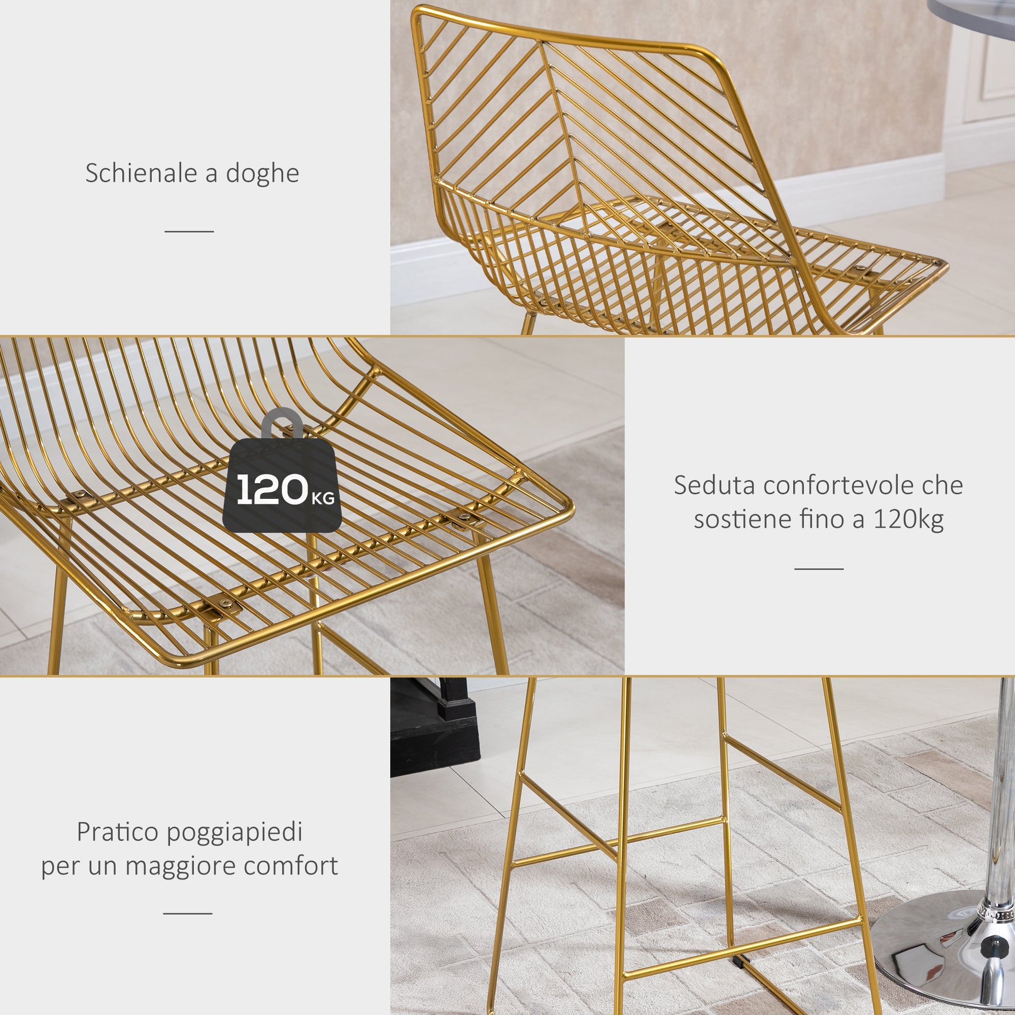 Set 2 Sgabelli Alti da Bar 53x56x110 cm in Metallo Oro