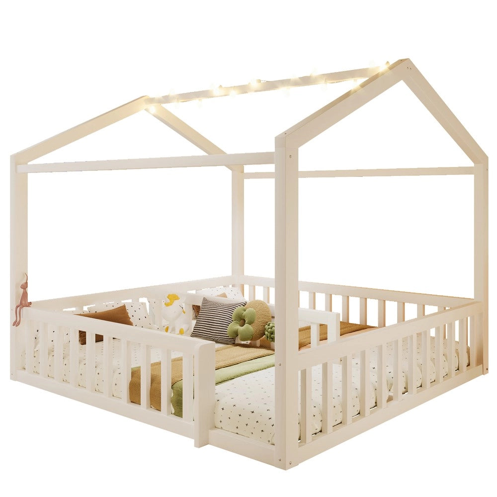 Letto Singolo Bambini a Casetta in Pino con LED e Grate ¨C Xylo ¨C Bianco 90x190