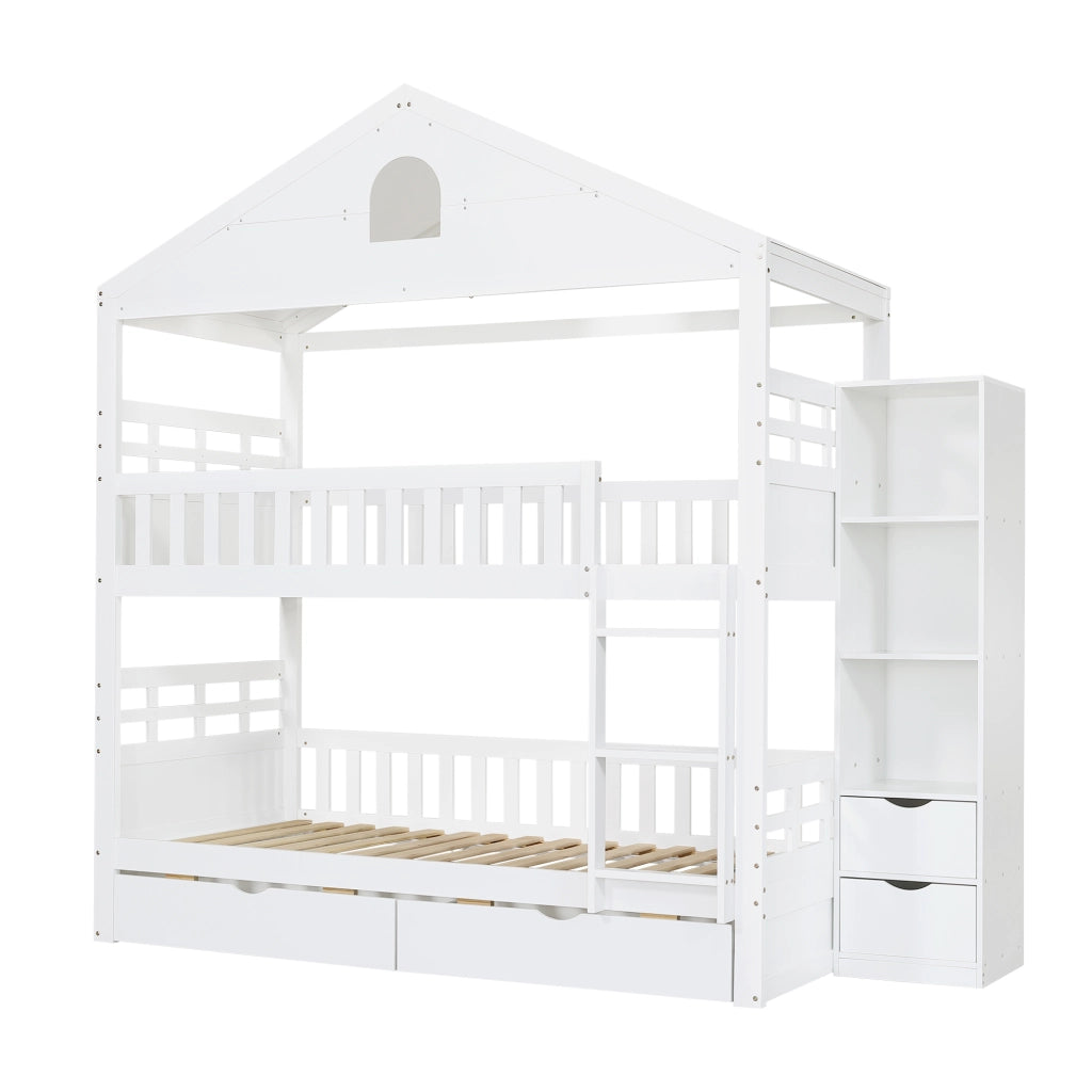 Letto a castello per bambini 90 × 200 cm 2 posti con scala, 2 cassetti e ripiani laterali, senza materasso, bianco