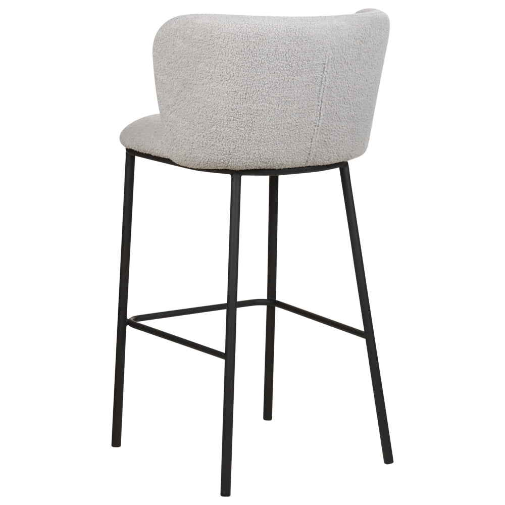 Set di 2 sedie da bar Rivestimento in bouclé grigio Gambe in metallo nero Sgabelli senza braccio Schienale curvo Sala da pranzo moderna Cucina