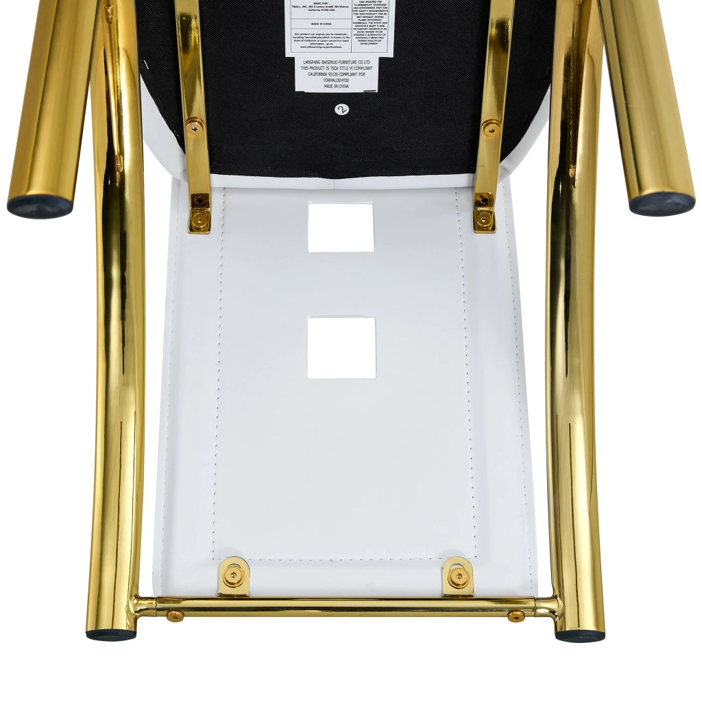 Set tavolo da pranzo e sedie con 1 tavolo rotondo e 2 sedie traforate; vetro; metallo e PU; bianco e oro