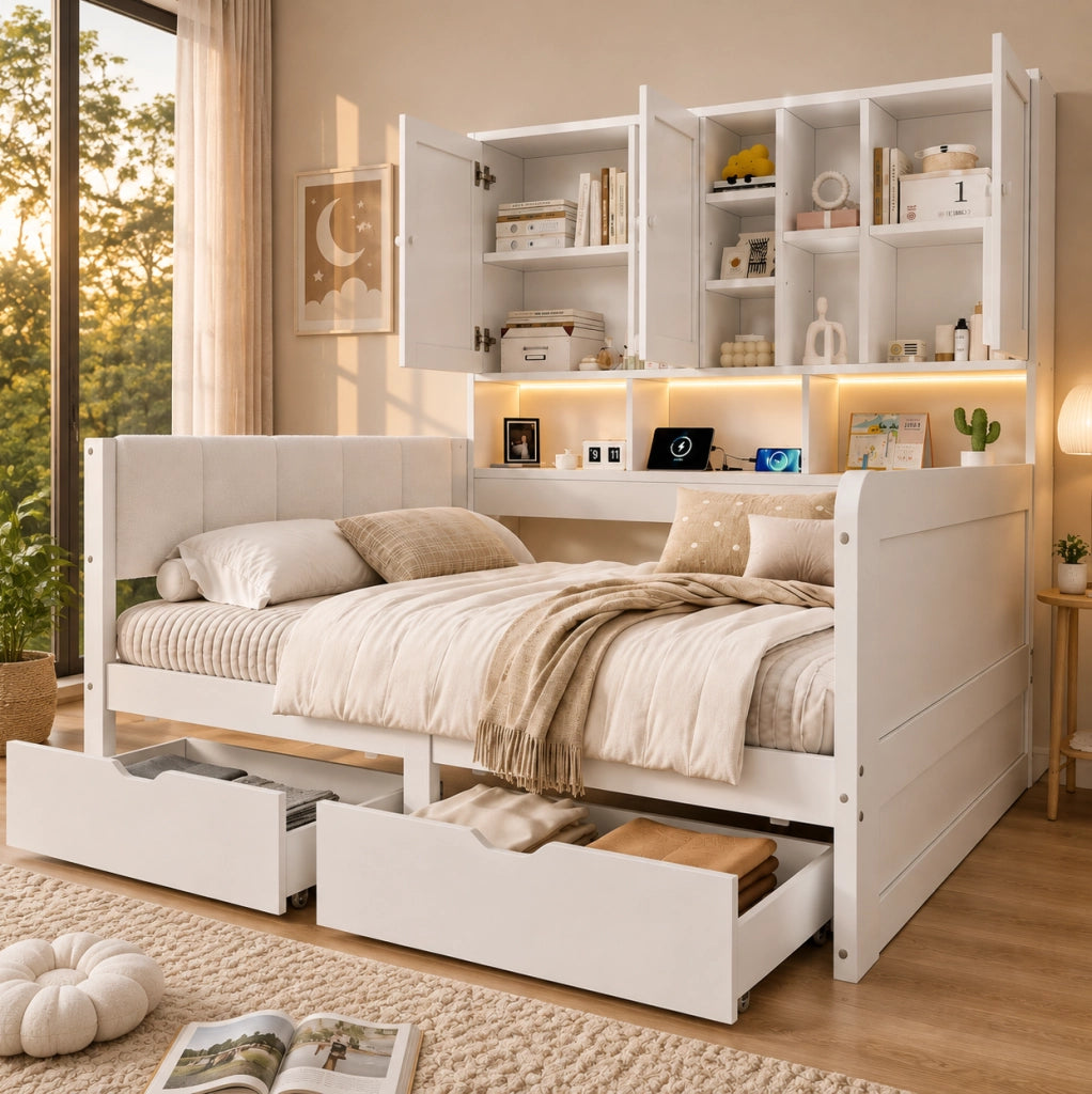 Letto singolo 90x200 cm con contenitore; LED; prese USB e testiera in PU bianco
