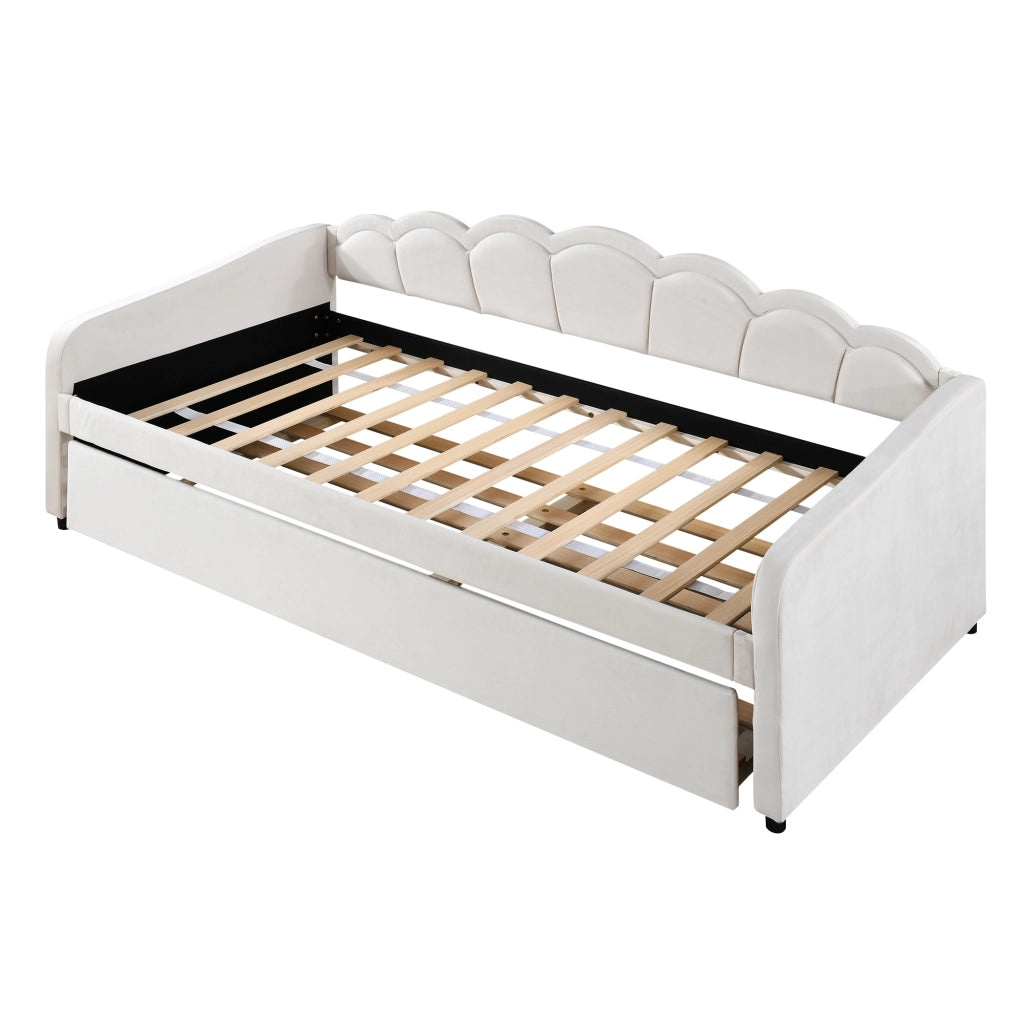 Letto singolo 90x200 cm in velluto beige con letto estraibile, LED ambiente, senza materasso
