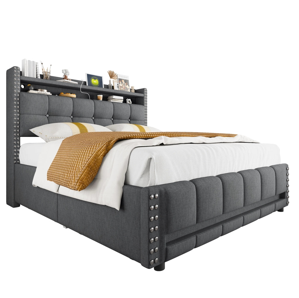 Letto matrimoniale imbottito 160x200 cm grigio con LED; USB; ripiani e 4 cassetti