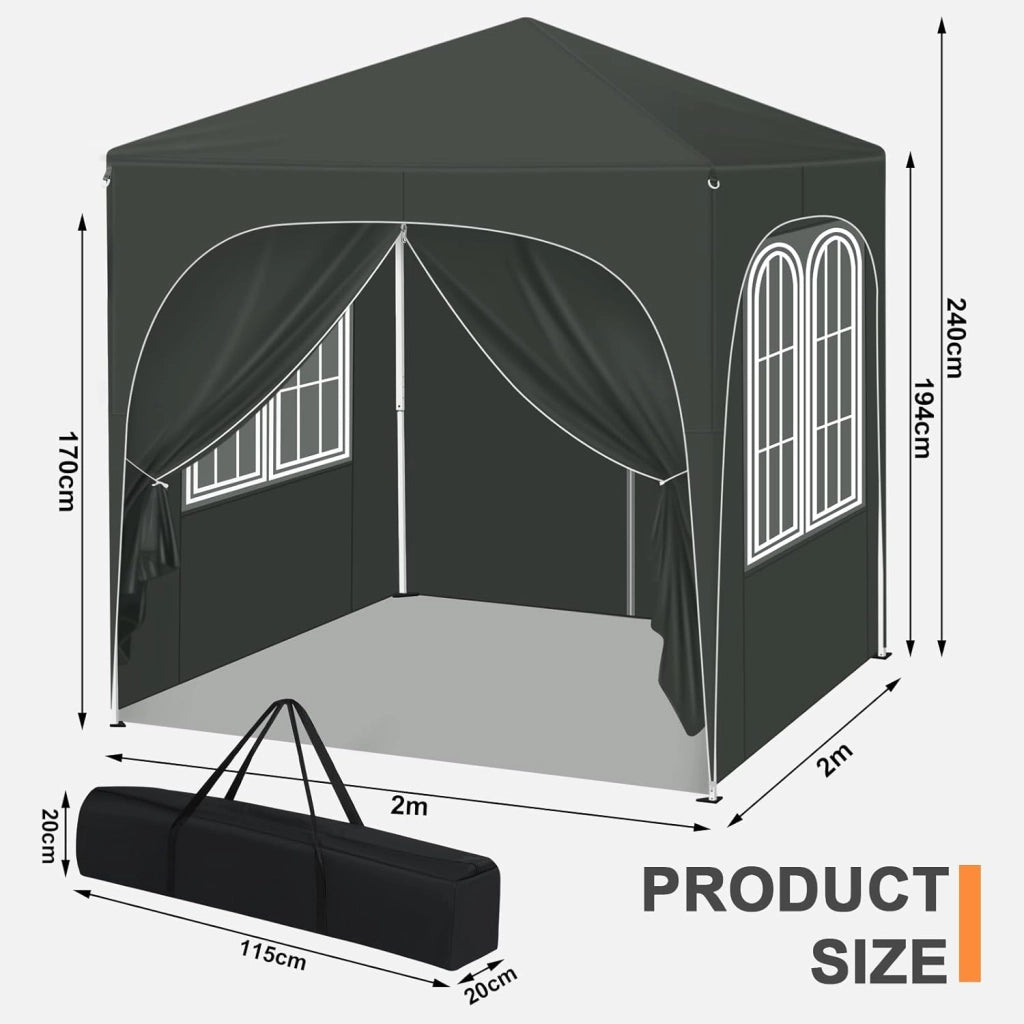 Gazebo da Giardino Richiudibile 2x2m con Pannelli Laterali,Gazebo da Esterno in Ferro Regolabile in Altezza Tendone con Soffitto Semicircolare Pieghevole,Set di 4 Sacchi di Sabbia,Grigio