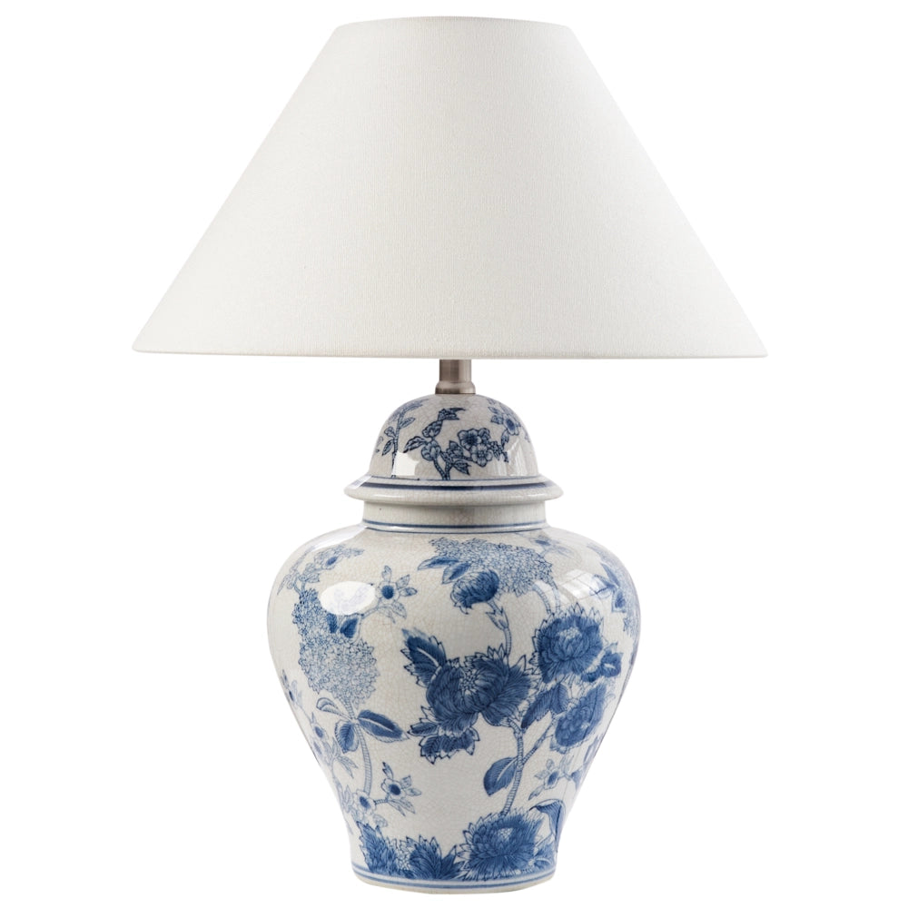Lampada da tavolo Base in porcellana bianca e blu Paralume a campana in lino con patten floreale Illuminazione elegante