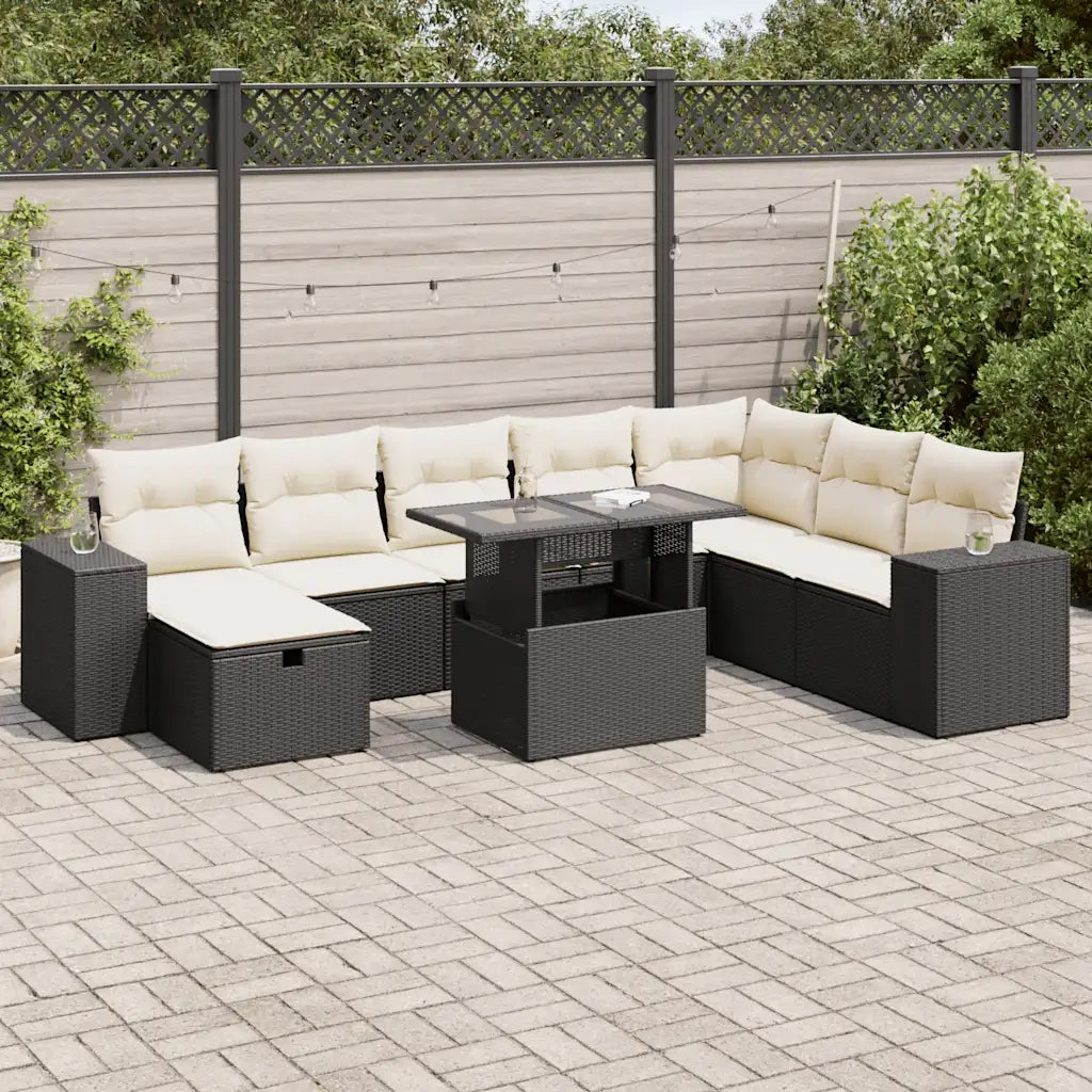 Set Divani da Giardino 9 pz con Cuscini Nero in Polyrattan 3327956