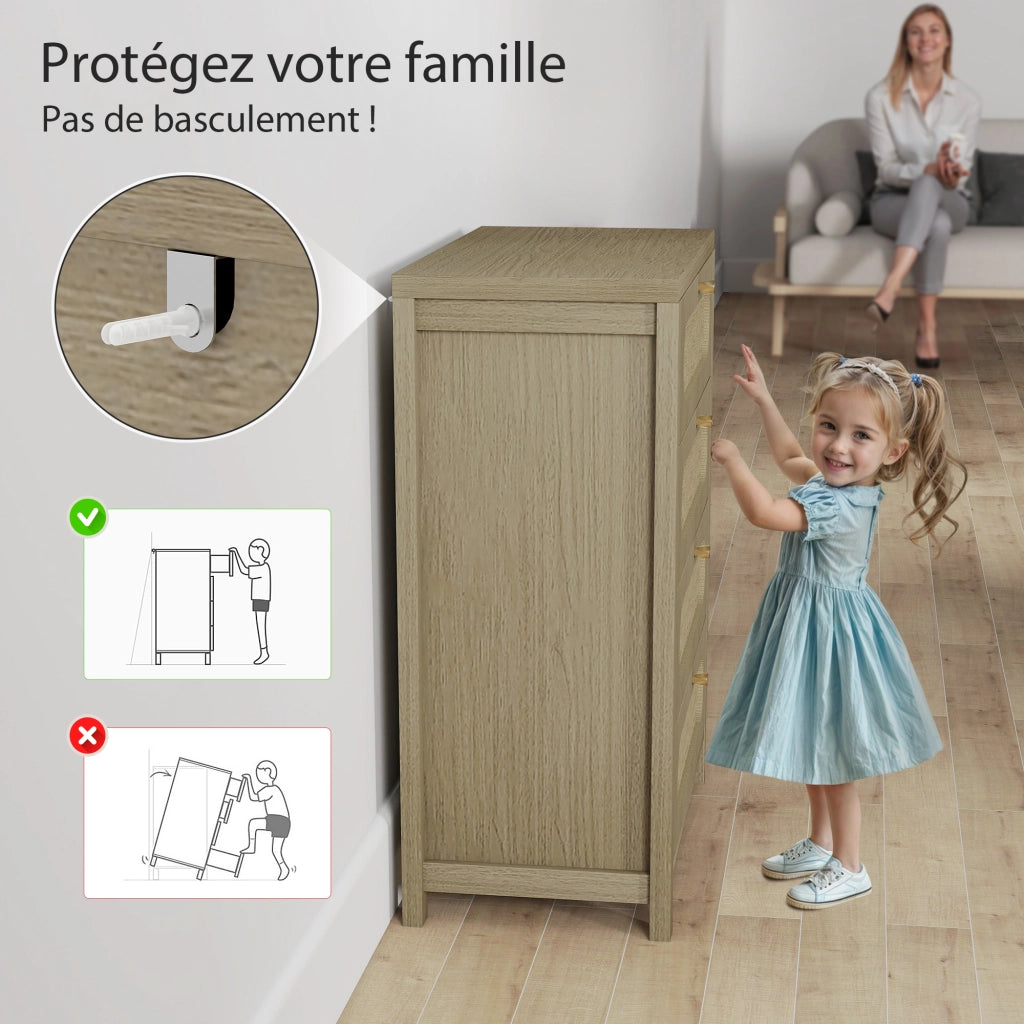 Cassettiera 4 cassetti stile bohemien con ante in resina intrecciata ¨C Minimal ¨C effetto legno naturale 70x38x93