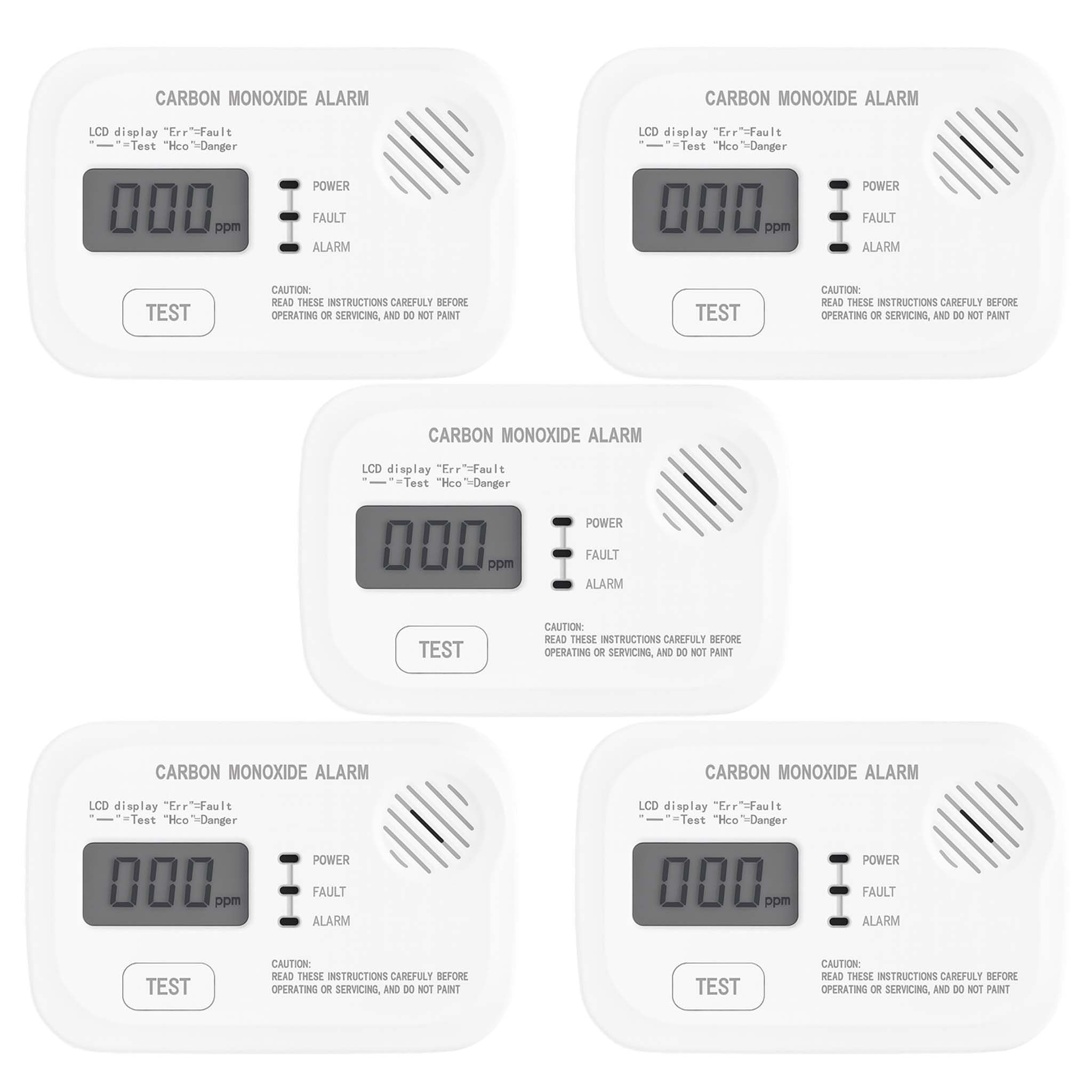 Set 5x Rilevatore monossido di carbonio con display 120 x 74 x 31 mm, allarme CO con batterie sostituibili incluse