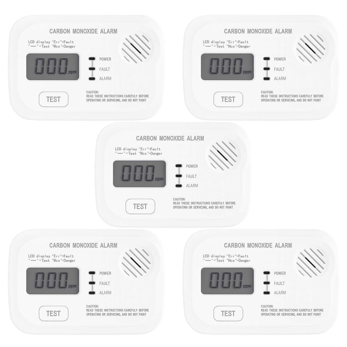 Set 5x Rilevatore monossido di carbonio con display 120 x 74 x 31 mm, allarme CO con batterie sostituibili incluse