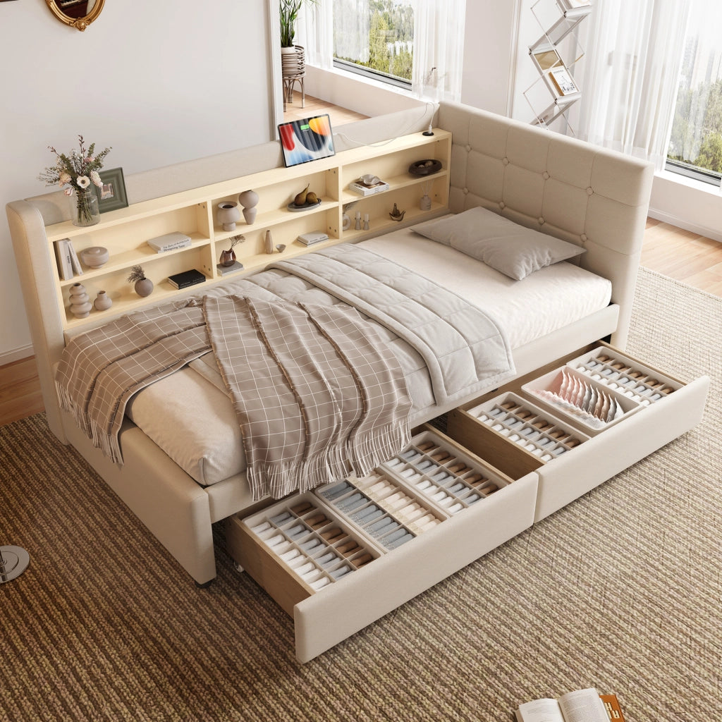 Letto da giorno ULEVR 90x200 cm con 2 cassetti, prese USB e Type-C, ripiani integrati, beige