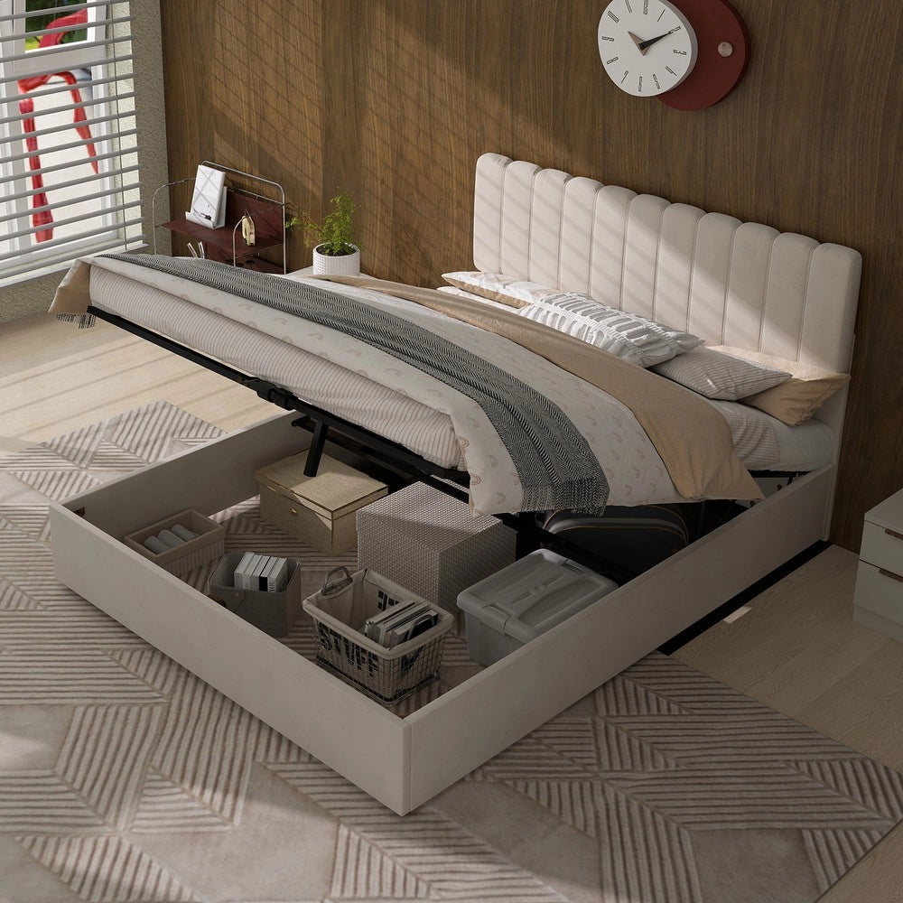 Letto Contenitore Imbottito 140x200 ¨C Xylo ¨C Beige, Testiera, Meccanismo Idraulico