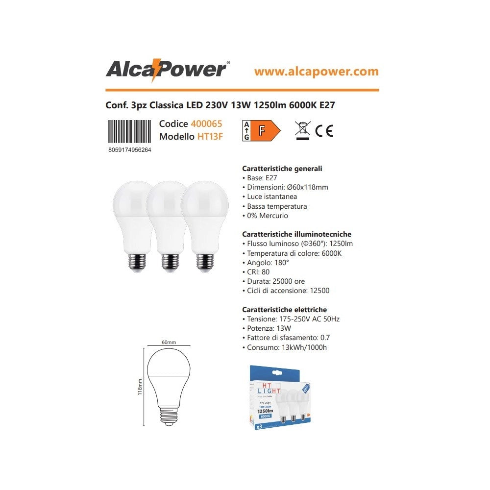 Alca power a60 13w 175-250v 1250lm 6000k e27 lampada a led box da 3pz