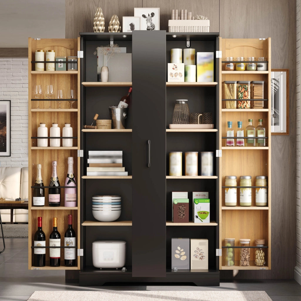 Mobile dispensa da cucina con 2 ante; ripiani regolabili e vano estraibile a 4 livelli; 150 x 78 x 40 cm; nero