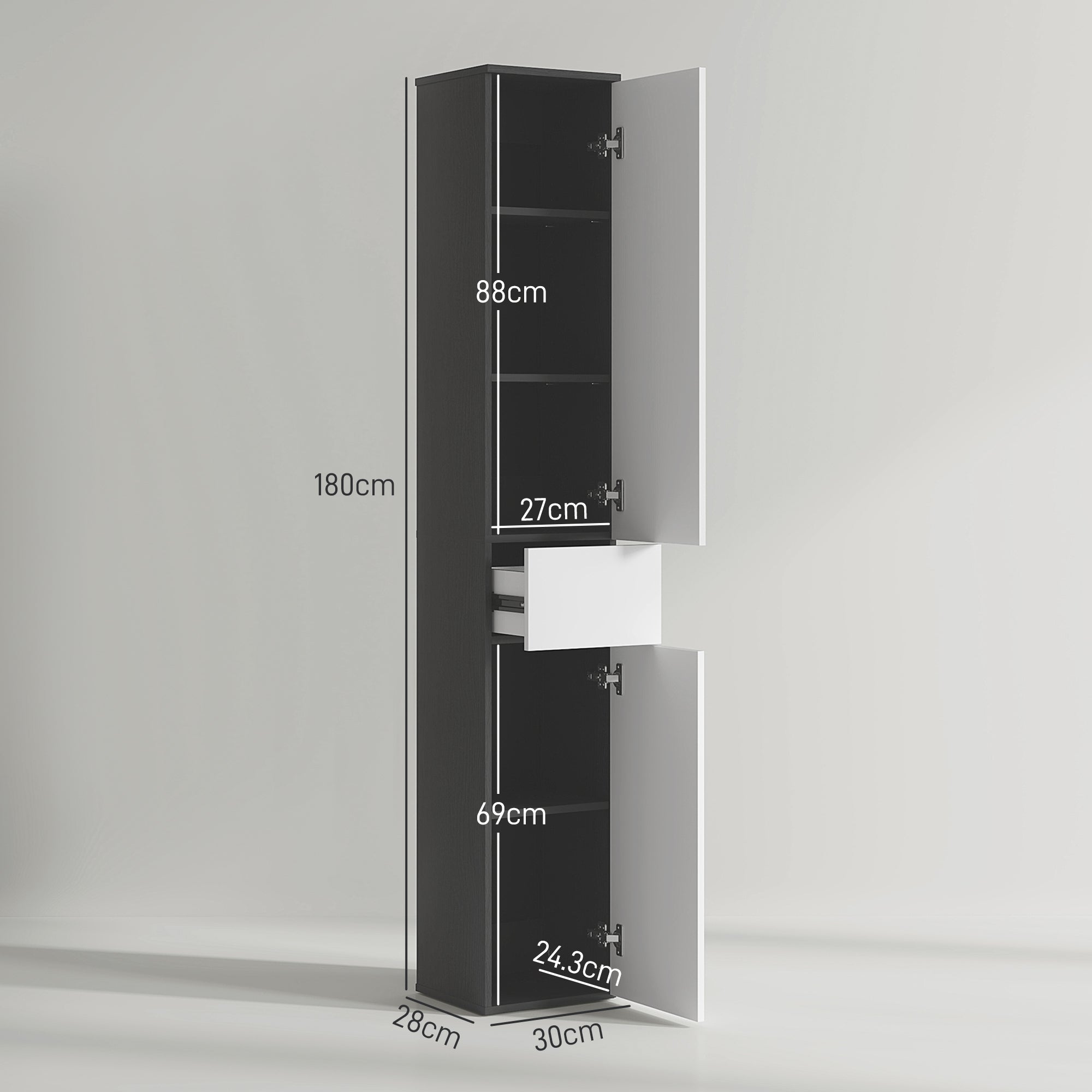 Mobile a Colonna da Bagno Salvaspazio con 2 Armadietti e Cassetto 30x28x180 cm Nero e Bianco